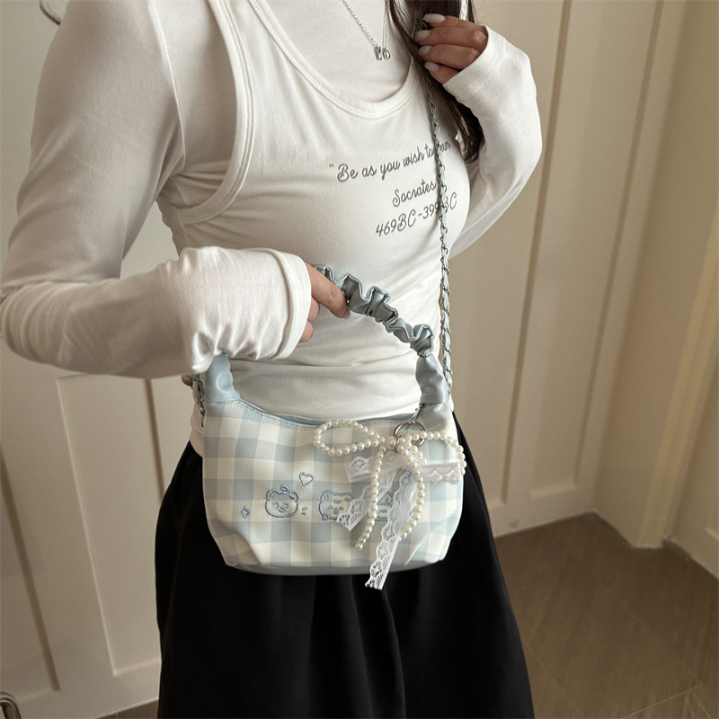 Plaid Ruched‑Handle Hobo Bag Women Pearl Bow Chain Crossbody Shoulder Purse_voghion.com