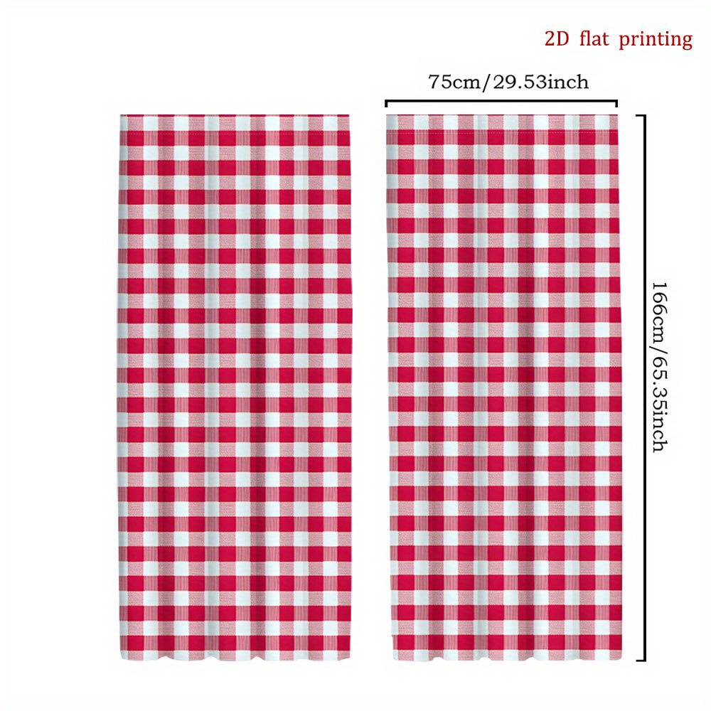 TEMU 2pcs 2d Flat Printing Red White Gingham Curtains Rod Pocket Window Drapes For Living Room & Bedroom, Semi-sheer Polyester Decorative Panels,