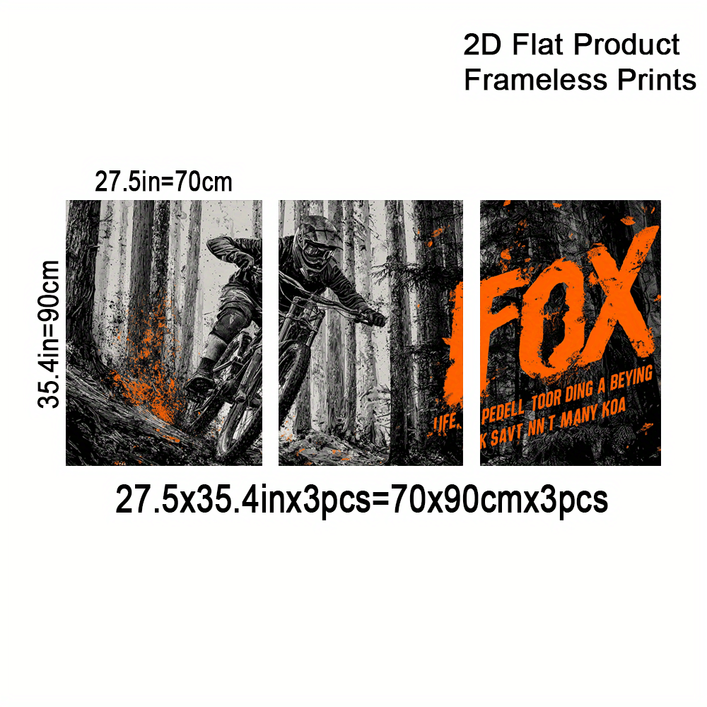 TEMU 2d Flat, 2d Flat, 3pcs Unframed Canvas Wall Art, Fox Behind Couch Canvas Set Mtb Office Artwork Mountain Bike Painting Ride Home Decor Adventure