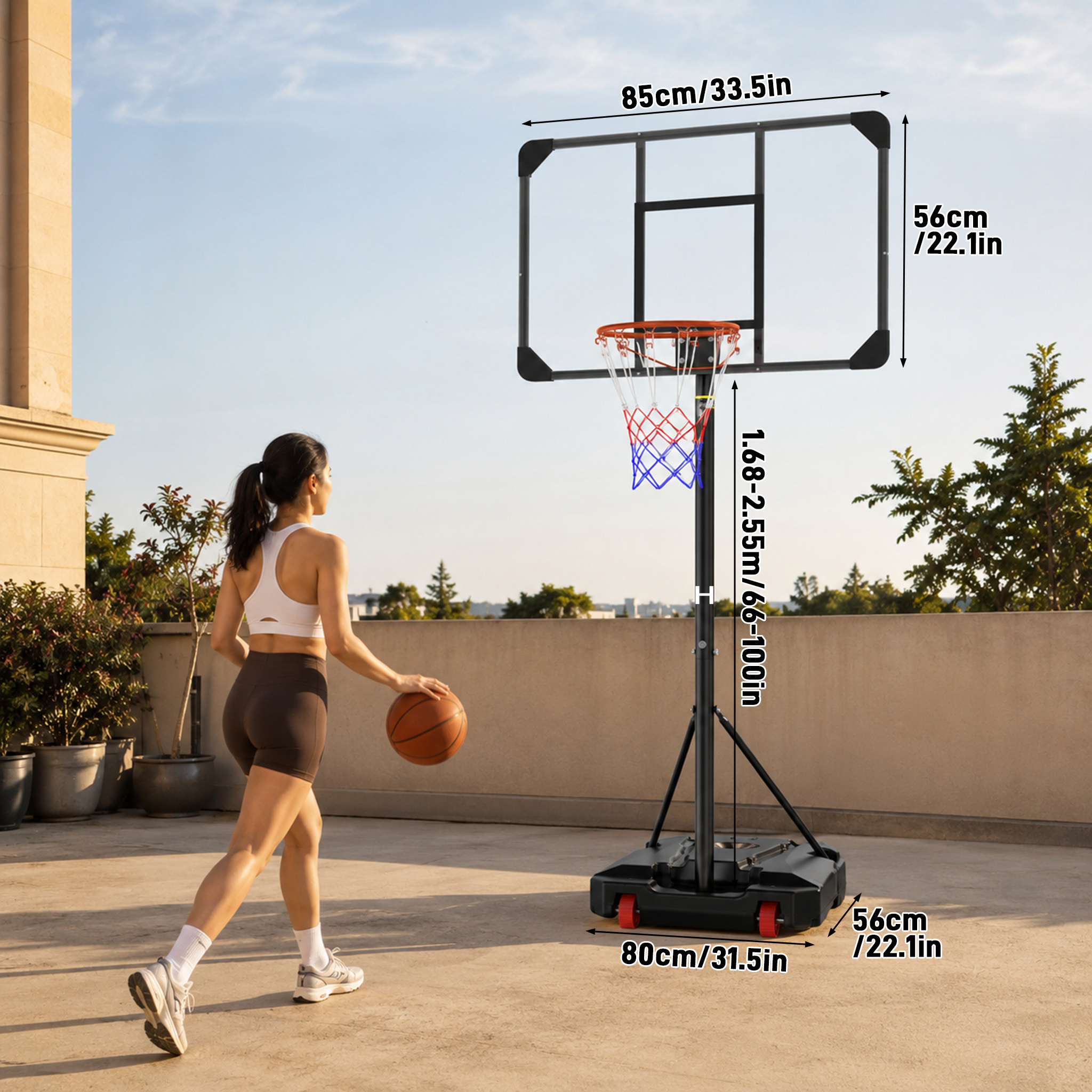 Image of Complete Portable Basketball Hoop Set, Height Adjustable Movable Basketball Stand With Water & Sand Fillable Anti-tip Base For Outdoor Basketball Games