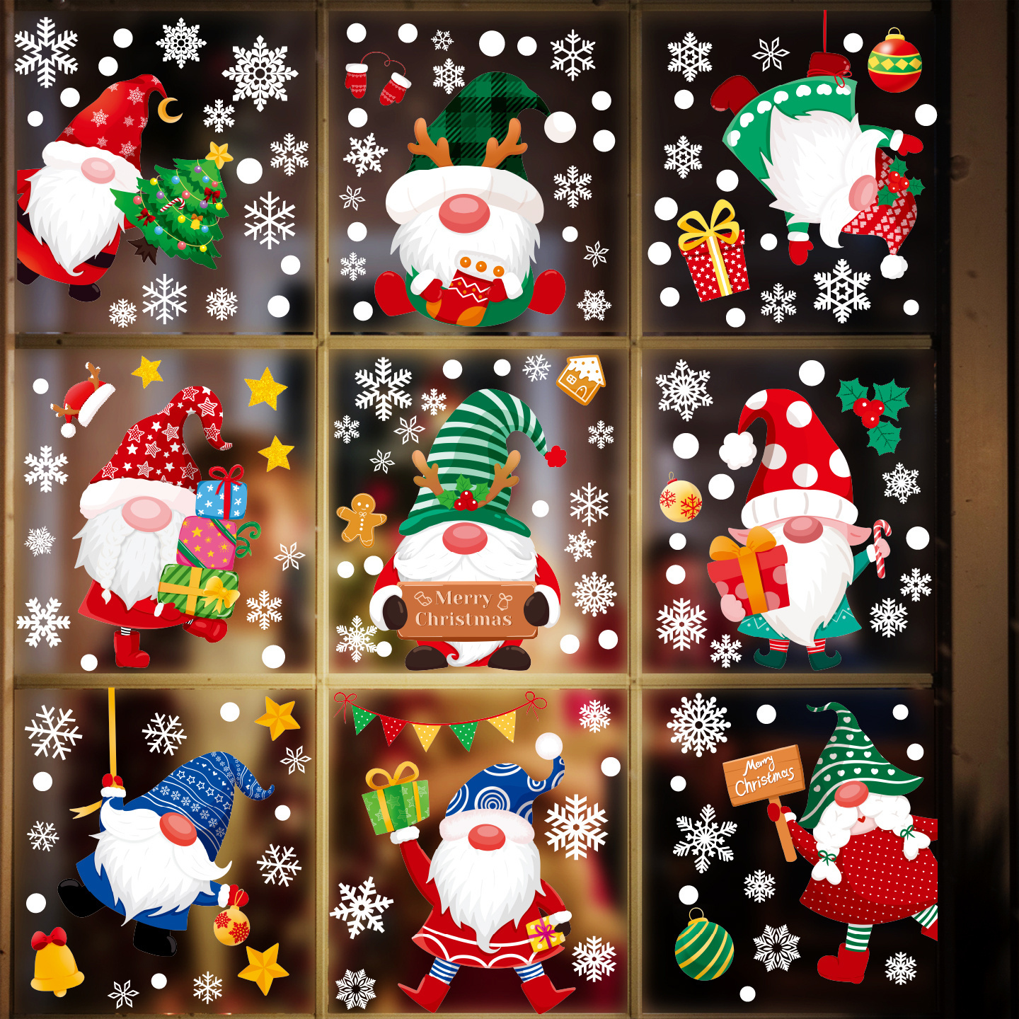 Image of 9 Sheets Of Festive Decorations Featuring Christmas Gnomes, An Elderly Man, Snowmen, Party Decor, Elk, And Snowflake Static Stickers