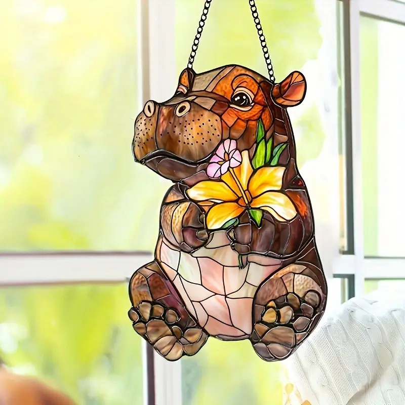 TEMU 2d Flat, Hippo Suncatcher Window Hanging Decor - 2d Flat Acrylic Panel With Autumn Leaves & Flowers Suitable For Christmas, Valentine's Day,