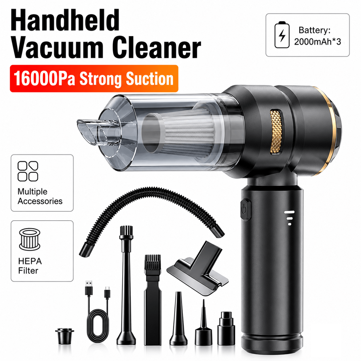 TEMU 2026 New 16000pa High Suction Vacuum Cleaner Car, 100w Mini Cordless Handheld Dust Blower With Hose. Equipped With 2000mah*3 Batteries And