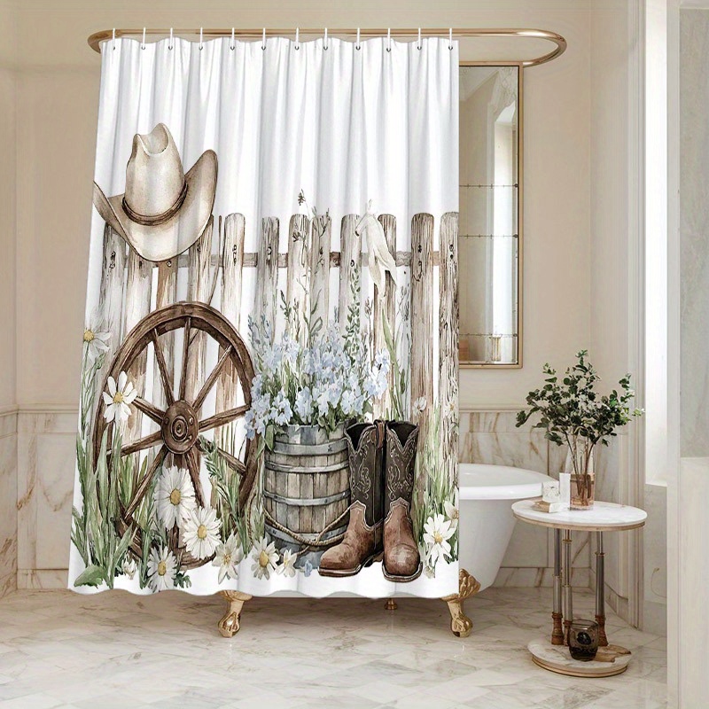 TEMU 1pc Rustic Western Shower Curtain With Wheel, Cowboy Boots & Wildflowers Daisies Design - Machine Washable Polyester Bathroom Decor Includes 12