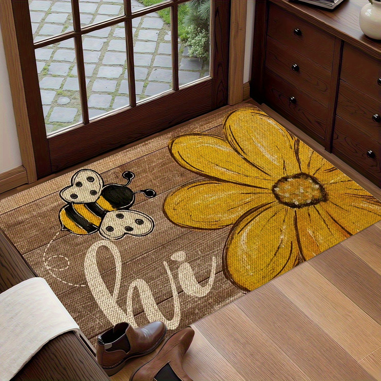 TEMU 1pc New "just A Kind Bee" Printed Doormat - Indoor/outdoor Welcome Mat With Cute Bee And Flower Pattern, Suitable For Entryway, Bedroom, Laundry