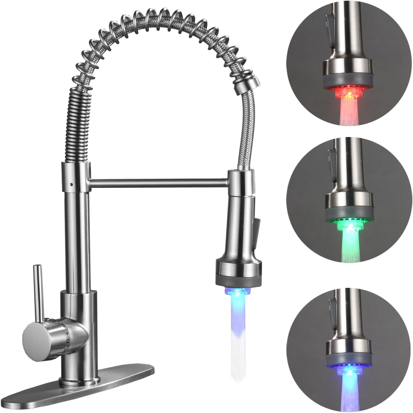 TEMU Black Kitchen Sink Faucet, Pull Down Spring Single Handle Stainless Steel Faucet With Sprayer With Led Light For Bar Laundry And Utility Sink