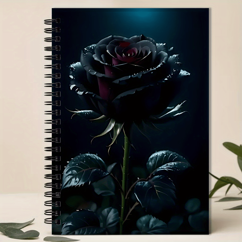 TEMU Black Rose Themed Spiral Notebook - Hardcover 5.5x8.3 Inch College Ruled Journal With Elegant , Durable For Office, School, Art & Note-taking -