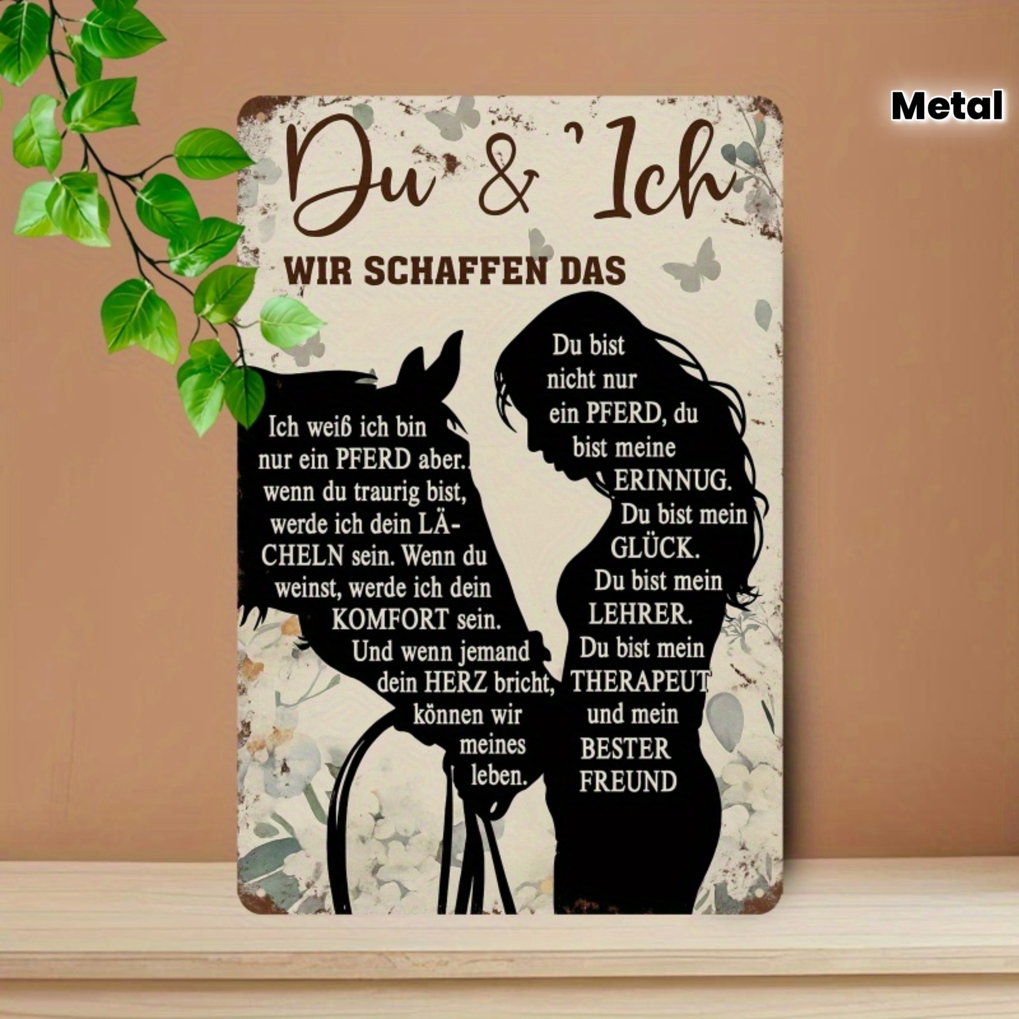 E-shop 2D Flach, 1 Stück Vintage Deutsches Pferd & Mädchen Wandkunstschild - Eisen Metall Bauernhaus Dekor mit Deutschen Liebessprüchen "Pferd &