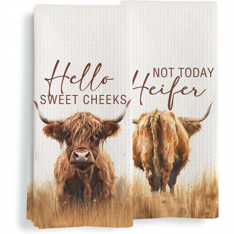 

2pcs Highland Cow Kitchen Towels Set, 18x26 Inch, Woven Polyester, Super Soft, Machine Washable, Contemporary Style, Farmhouse Decorative Hand Tea Towels For Cow Lovers