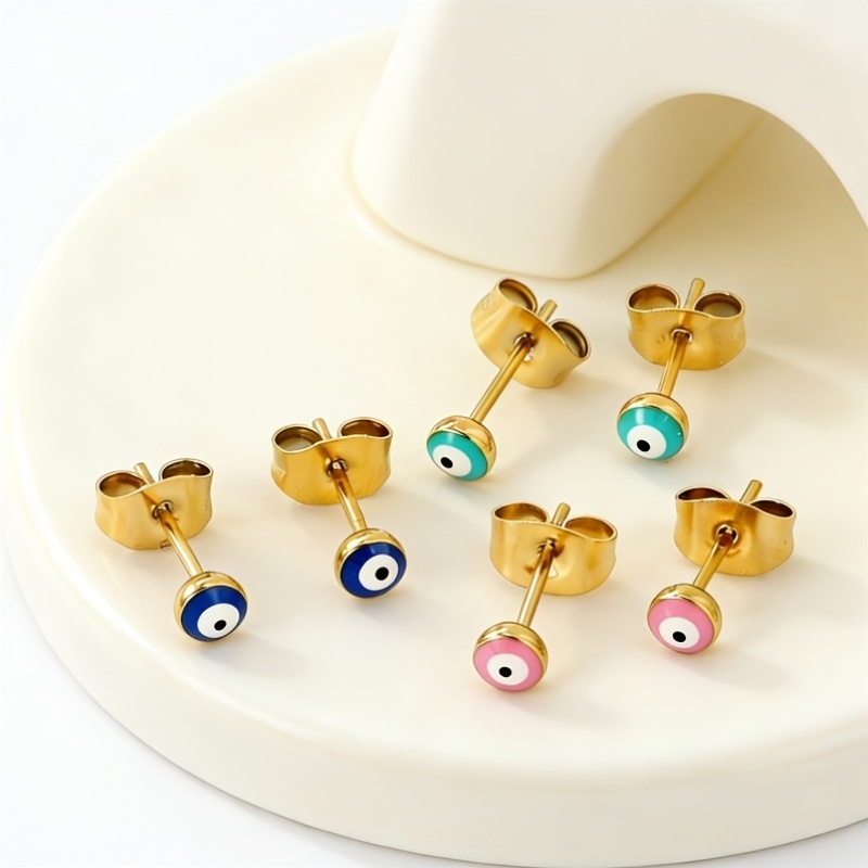 TEMU 6pcs Fashionable Colored Eye Earrings, 316 316 316 316 Steel 18k Gold Plated 18k Gold Plated-plated Hip-hop Style, Unique Cute Earrings, Without