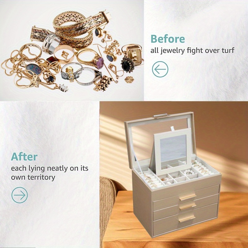 BOOVO Advanced 4-layer Jewelry Box -3-layer Drawer Large Capacity Storage - Transparent Window Design - Suitable for Displaying and Storing Jewelry - Built-in Flip Mirror - Equipped with Necklace Hook - Multifunctional Faux Leather Jewelry Box
