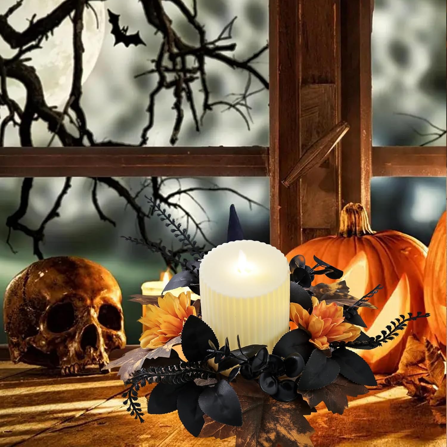 TEMU 1pc 10in For Halloween Black Candle Rings Wreath Artificial Eucalyptus Candle Wreath For Halloween Fall Home Table Centerpieces Thanksgiving