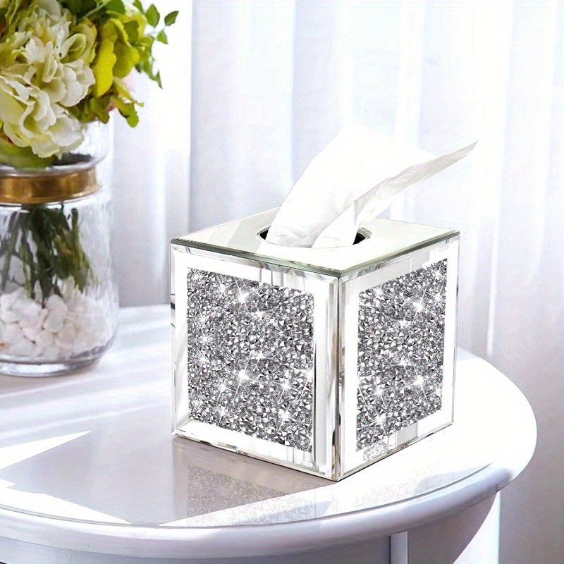 square mirrored tissue box covercrystal crushed diamond tissue box silvery luxury   for either tissues in a bathroom or napkins on a table. 5.5 x5.5 x5.5,   accessory, napkin holder, elegant decor, stylish organizer, decorative  , handcrafted detail, decorative tissue dispenser, interior designers, home decor lovers Product details 1