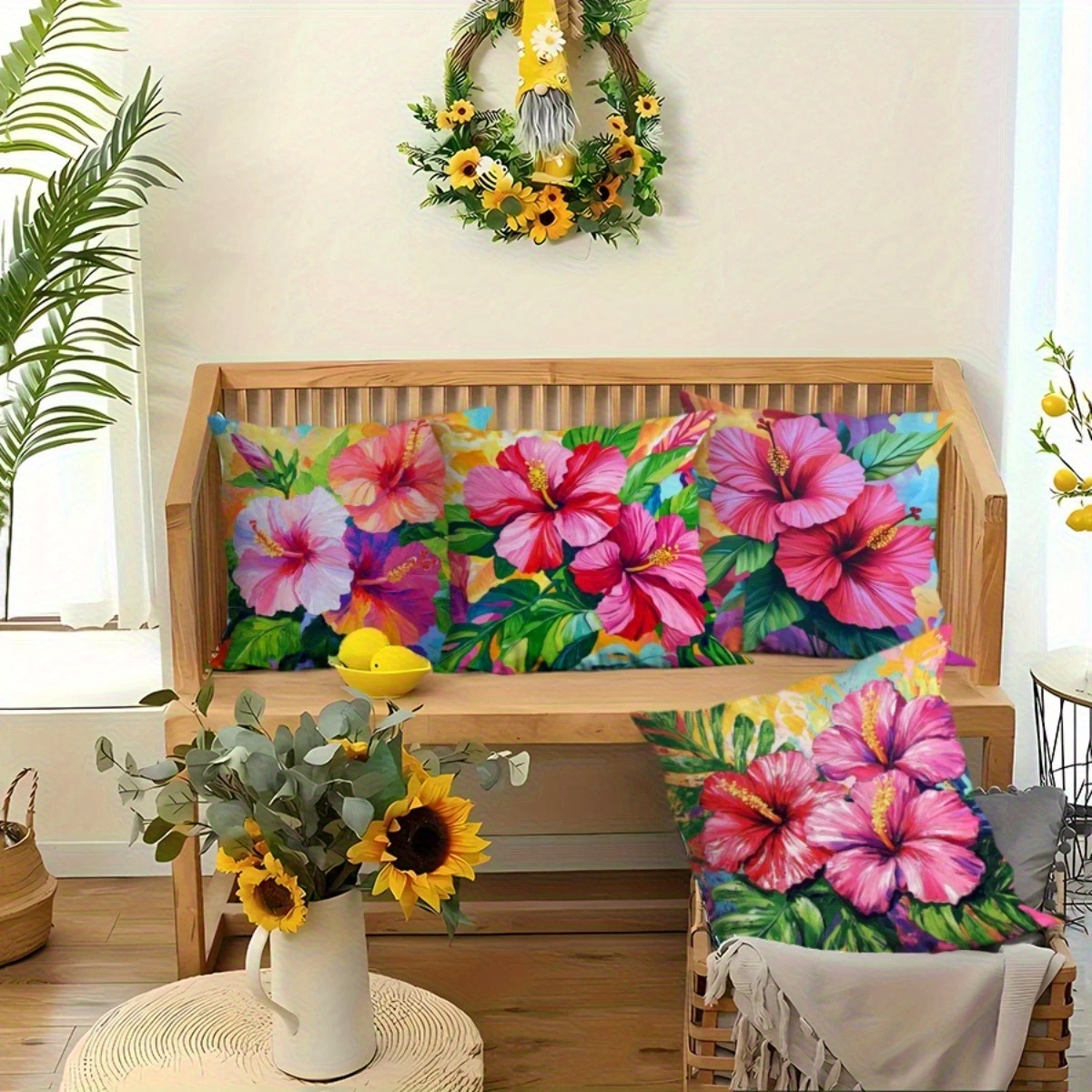 TEMU A Set Of 4 Colorful Tropical Flower Pillow Covers For Outdoor Use, Machine Washable, Featuring A Zipper Closure, Decorating Patios And Beach