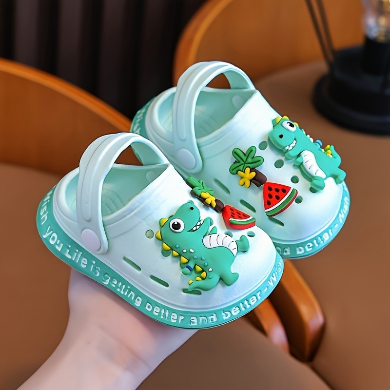 Kids' EVA Clogs with Cartoon Dinosaur Charms | Soft Sole Slip-On Sandals for Boys & Girls | Multi-Color Watermelon & Fruit Designs | Comfortable Indoor/Outdoor Footwear | Lightweight, Breathable Summer Shoes, Casual Children's Footwear | Cartoon Dinosaur Design | Comfortable Footwear