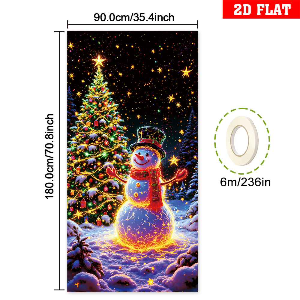 TEMU 2d Flat, 2d Flat Banner, 1pc Christmas Themed Door Cover Banner, Snowman-christmas Tree ,, Uv Activated, Glow In The Dark, Suitable For Winter