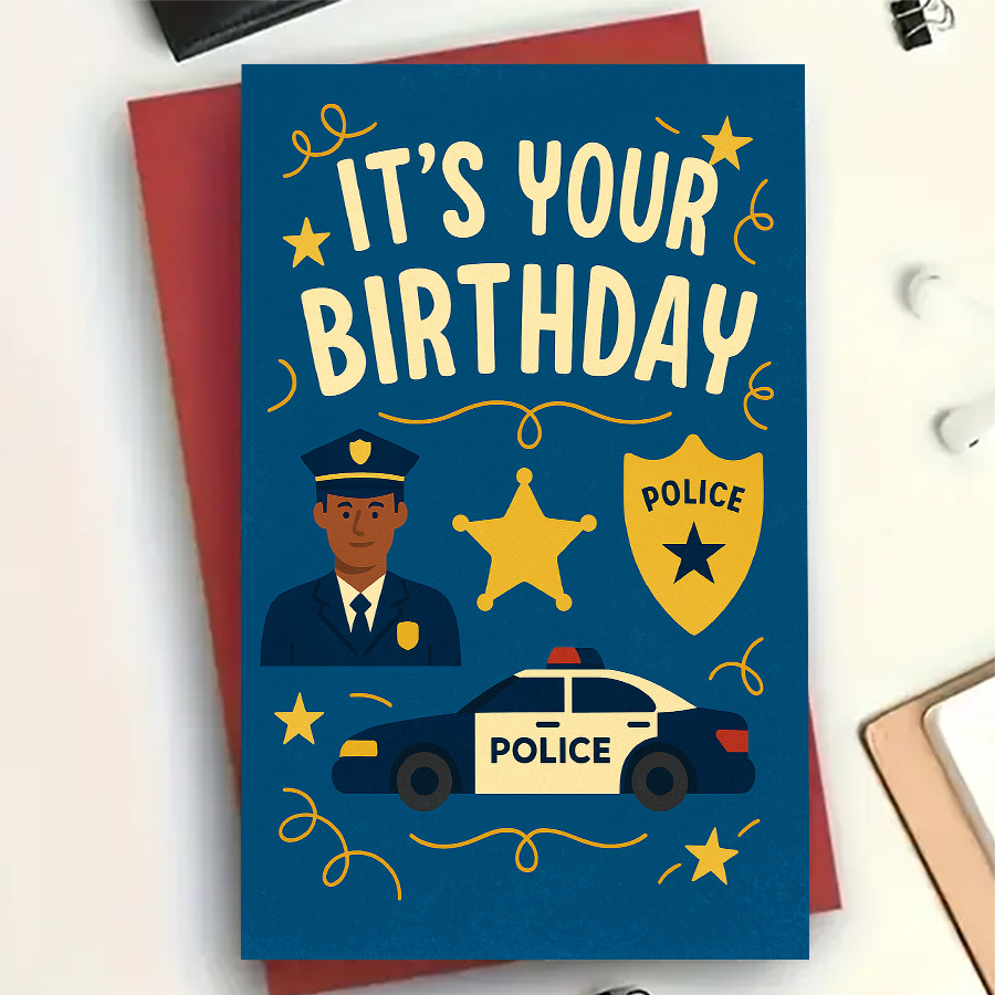 TEMU 1pc Greeting Card And 1pc Envelope, 1pc Police Birthday Card With Envelope - Law Theme Party Decor, Police Car, Badge, Stars - Police, Detective