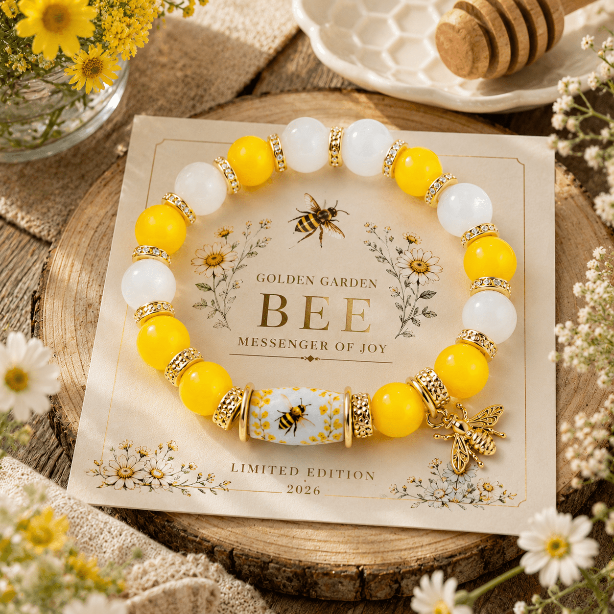 Golden Garden Bee yellow and ivory charm bracelet