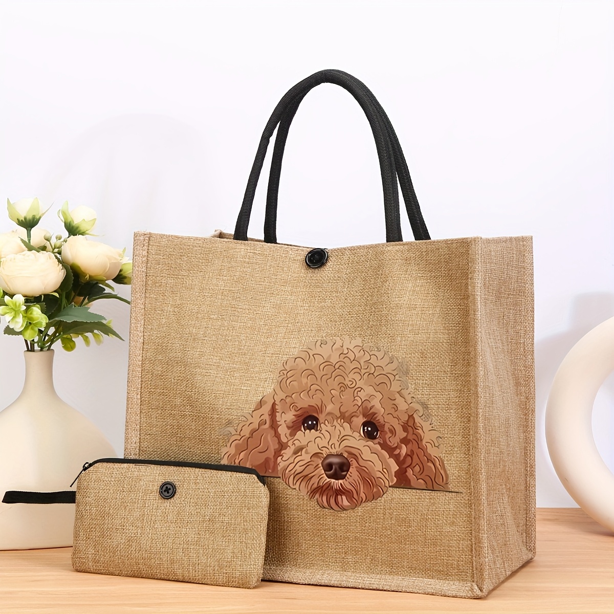 E-shop 2er Set Niedliche Hunde-Reißverschluss-Tragetasche, Modische Tragbare Strand-Einkaufstasche, Geeignet für Frauen, Studentinnen, Büroangestellte,