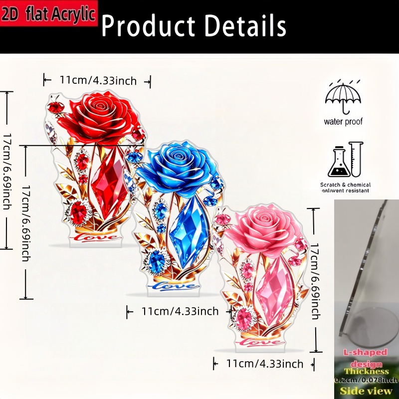TEMU 2d Flat, 3pcs Set Rose Creative Desktop Ornament, , , 2d Acrylic Flat Printing, L-shaped Design, Suitable For Farmhouse, Living Room, Bedroom,