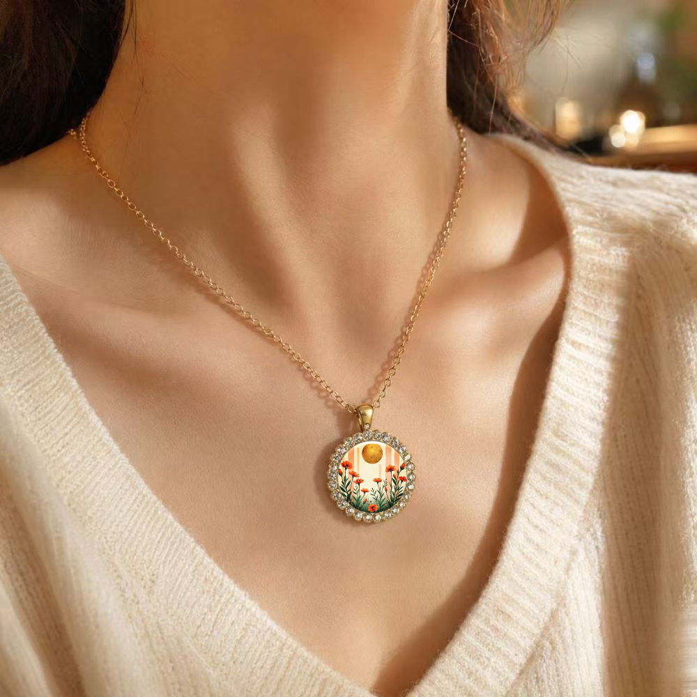 Floral Sun Pattern Round Glass Pendant Necklace