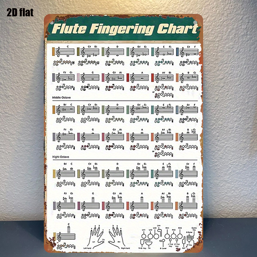 2d flat 1pc heavy duty   flute finger chart poster wall mounted music note hand position guide with 8d 7d 6d scales   system suitable for flute teachers students musicians homeschool   20 32x30 48cm 2d