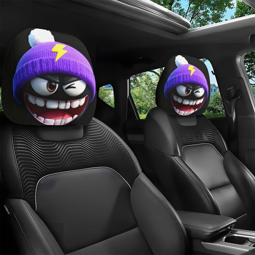 TEMU 2pcs Purple Car Headrest Covers With Lightning Face Print, 2d Flat, For Added Fun, Seat Headrest Protectors, Stylish And Fun Interior Decor,