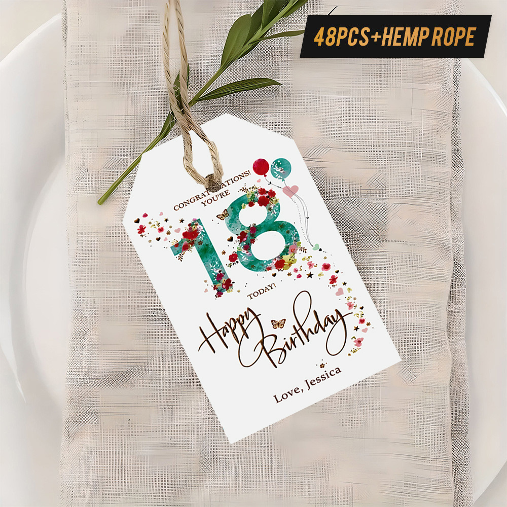 TEMU Etichette personalizzate per il 18簞 compleanno, 48 pezzi, con spago di iuta, testo personalizzato, numero e design con palloncini, regali di