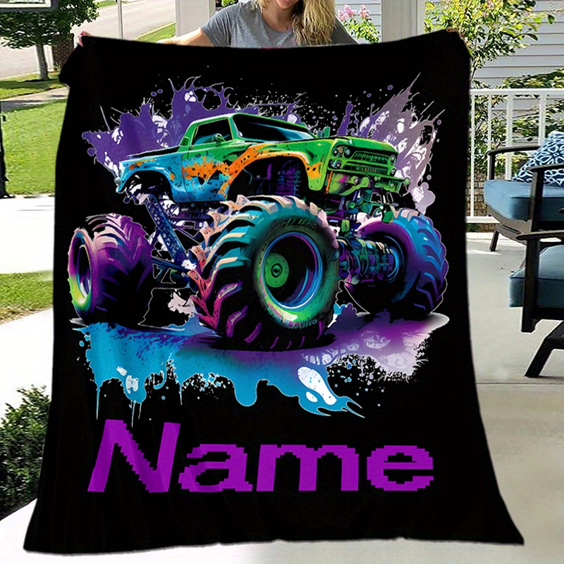 

Personalized Cartoon Monster Car Flannel Blanket - Soft, For All | Custom Name Option | Perfect Gift For Boys | Ideal For , Camping, Travel & Christmas Decor