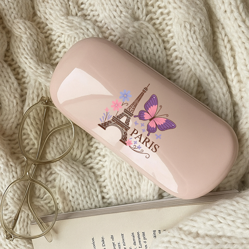 TEMU Hard Shell Glasses Case For Women - Tower & Floral Print, Graphic Design. Ideal As A Fashion Glasses Case, Eyeglass Case, Or Organizer. Perfect