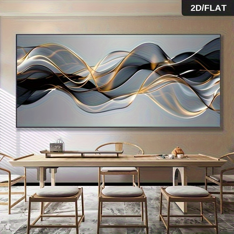 TEMU Impression sur toile 2D plate, 1 pièce, grande impression d'art moderne avec motif texturé noir et doré, décoration murale encadrée pour salon,