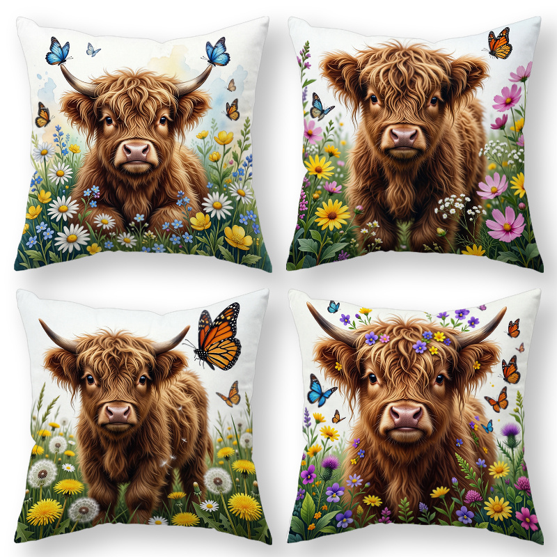 TEMU 4pcs Farmhouse Style Throw Pillow Covers, Decorative Cushion Cases, Highland Cow And , , Versatile Pillow Shams For Sofa, Couch, Bedroom Bed,