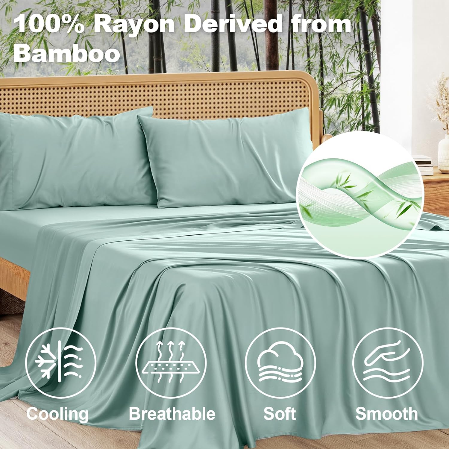 Set of Breathable Bamboo Bed Sheets Including Fitted Sheet And Pillowcases, Suitable for Children And Available in Queen And Twin Sizes. These Cooling Sheets Have Deep Pockets for Hot Sleepers And Make Excellent Gifts