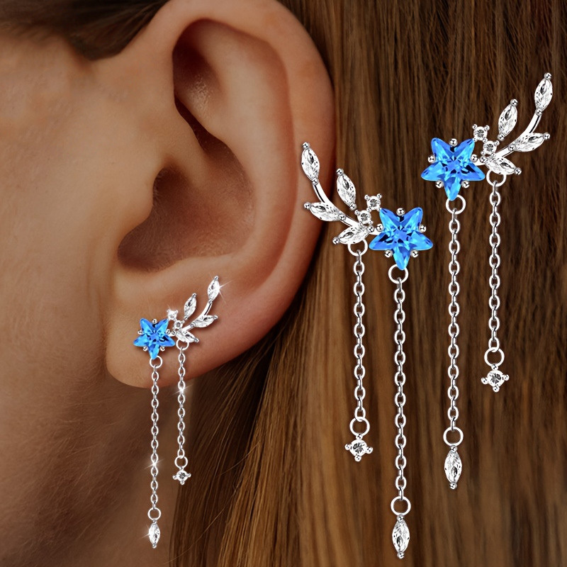 Women's Elegant Blue Starry Wheat Braid Studs with Zirconia