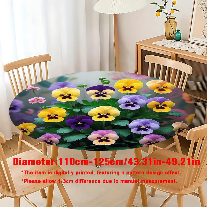 TEMU 1pc 2d Flat Printing Multicolor Violet Pattern Pastoral Style Round Elastic Tablecloth, Suitable For Round Dining Tables Material For Parties,
