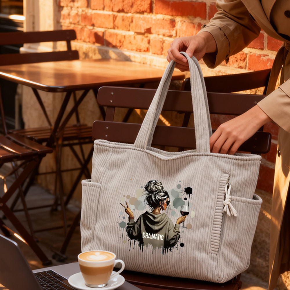 Image of Corduroy Tote Bag | Stylish Shoulder Bag For Women, Birthday Gifts, Christmas, Everyday Use, Casual , With String Pattern, Zipper Closure