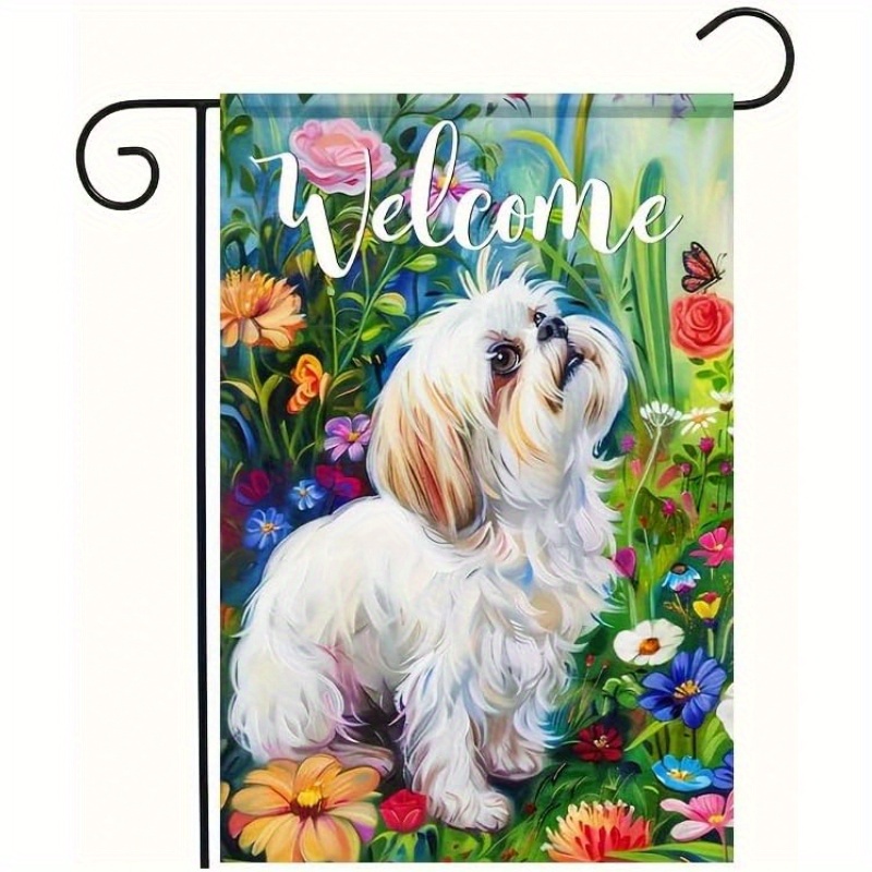 TEMU Garden Flag Featuring A Shih Tzu Dog Surrounded By Flowers And Butterflies, Measuring 12 By 18 Inches, Designed For Outdoor Decoration And Summer