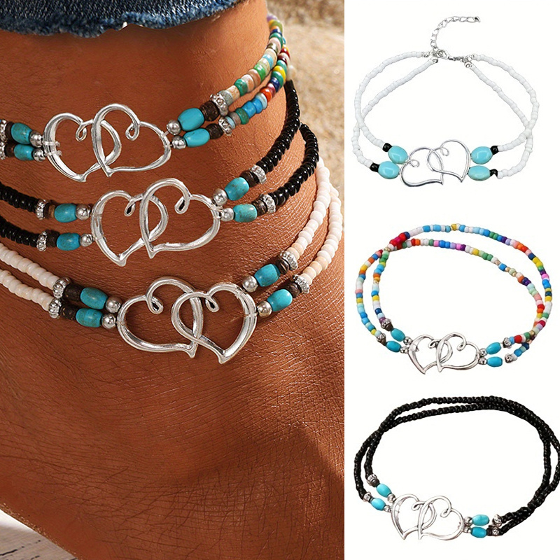 TEMU 3pcs Set Fashion Women Bohimia Beaded Heart Charms Anklet, Exquisite Boho Chic Double-layer Beaded Heart Anklet, Perfect For , Beach Wedding,