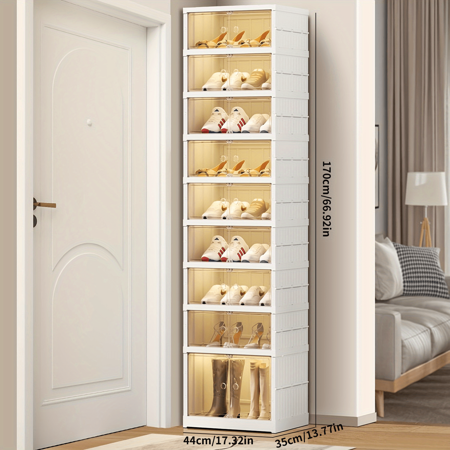 Image of 9-tier 18 Pairs Foldable Shoe Rack Organizer, Plastic Collapsible Shoe Shelf, Folding Shoe Box Storage Cabinet With Magnetic Clear Assembly For Entryway, Bedroom, Living Room, Cooking
