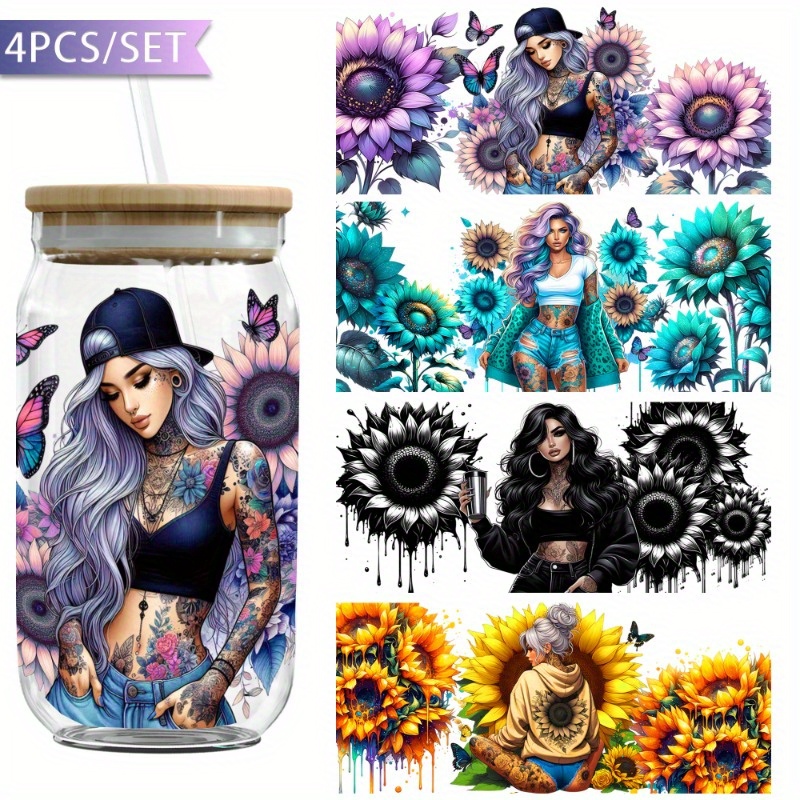 TEMU Set Of 4 Stunning Lady Uv Dtf Cup Packaging Transfer Sheets, Waterproof Self-adhesive Transfer Paper For 16 Oz Cups, 3d Crystal Labels That Are