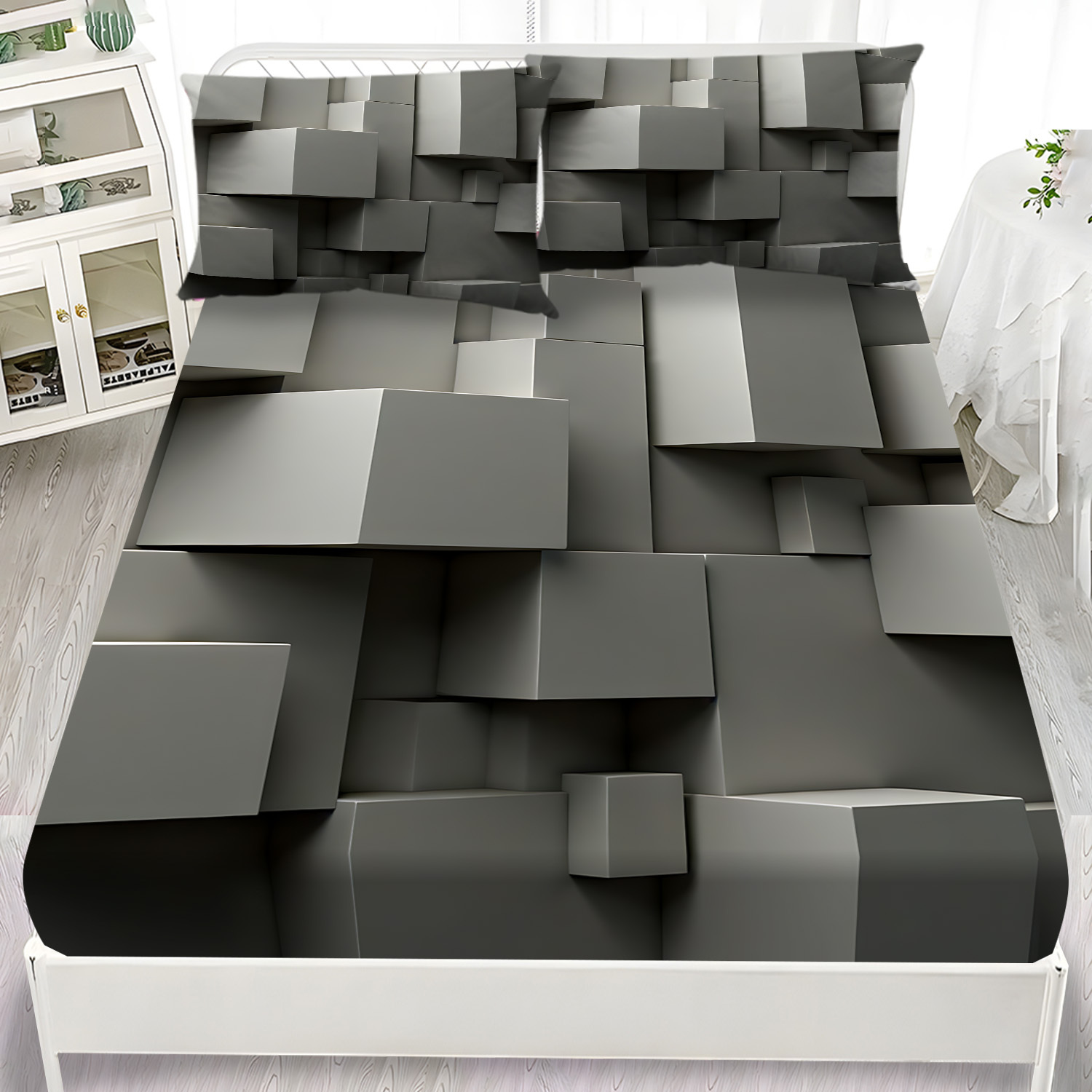 TEMU Mokalala 2/3pcs Gray Geometric Cubes Fitted Sheet Set, 1 Fitted Sheet And 1/2 Pillowcases, Nature Inspired Bedding Set, Bedding Set Perfect For
