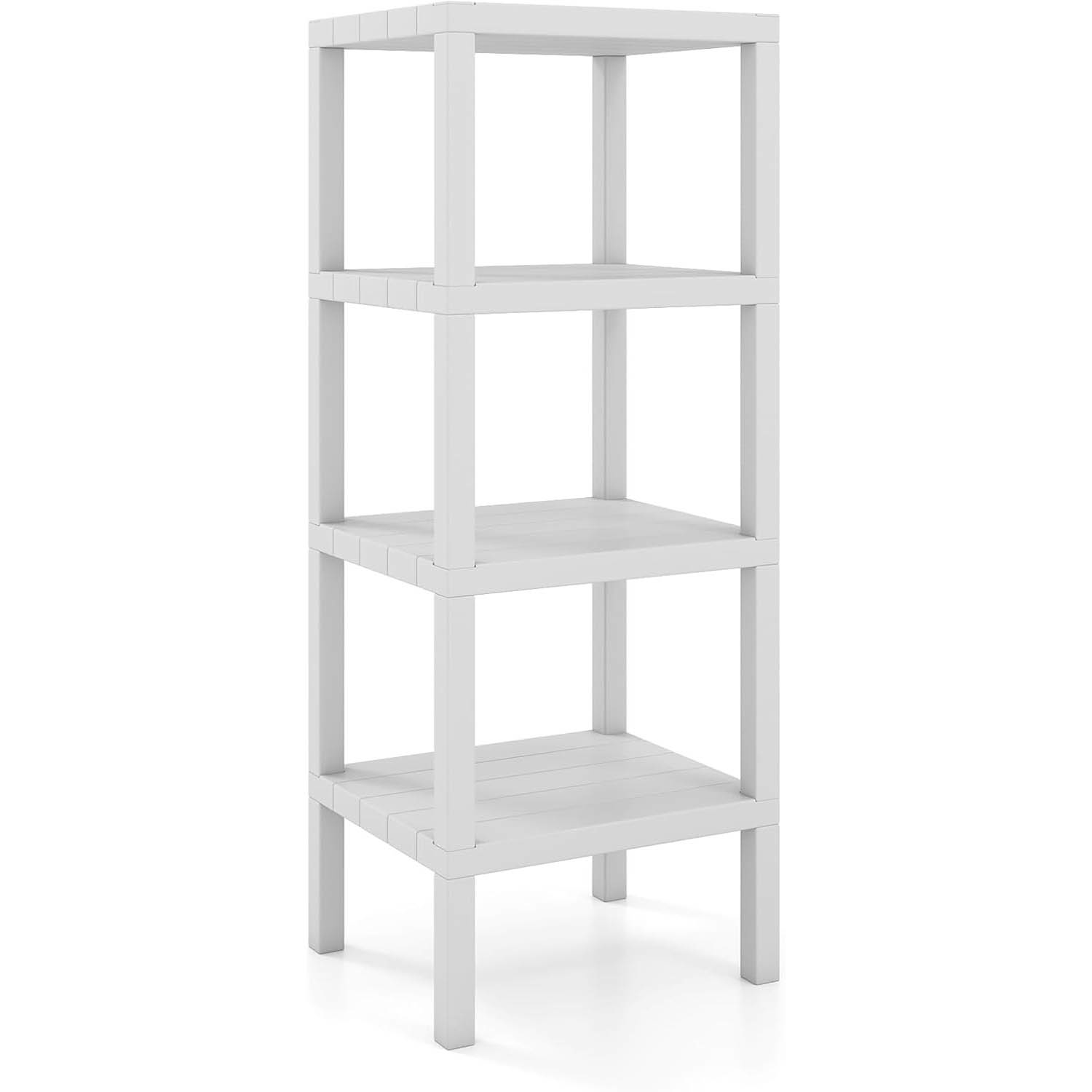 4-tier Plastic Standing Shelf Unit, Freestanding Utility Rack, Narrow Bathroom Organizer Unit For Kitchen, Living Room & Laundry, White