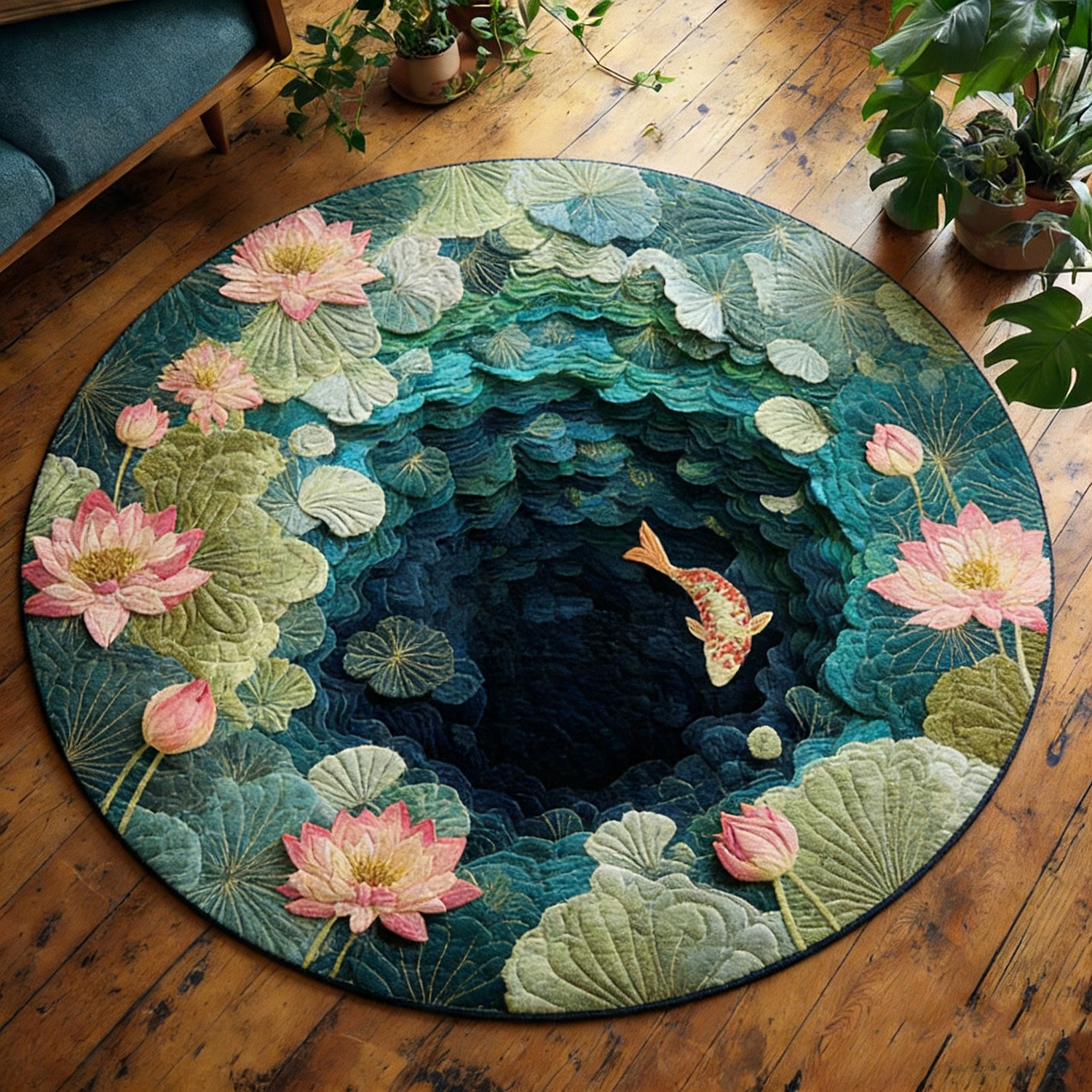 1pc, Round Rug, Decorative Floor Mat, Lotus Pond With Koi , Material, Living Room Or Bedroom Use