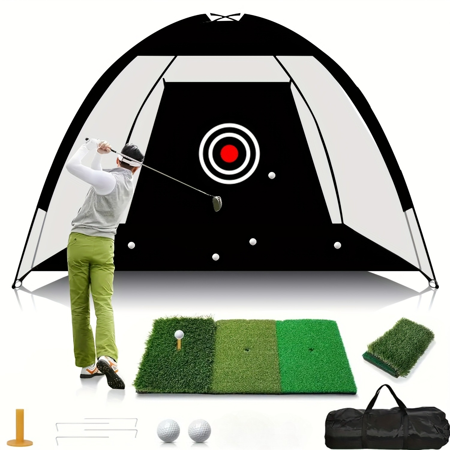 TEMU 10x7ft Golf Training Net Kit - Sturdy And Portable Golf Net With Hitting Bag | Triangular Hitting Mat, Golf Tees, Carrying Bag, Perfect For