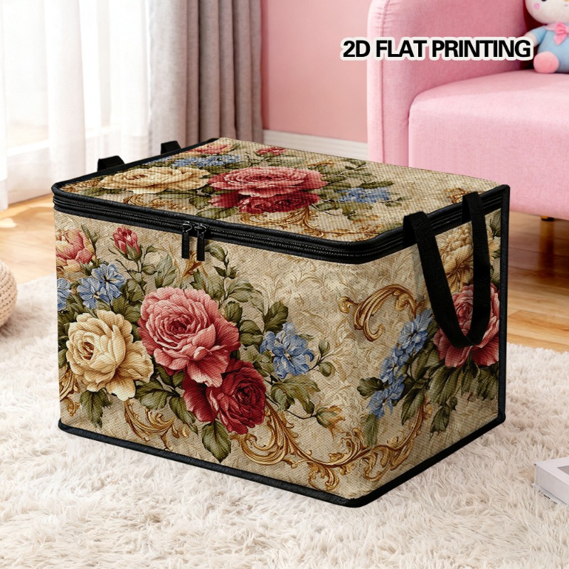 TEMU 1pc 2d Flat-printed Storage Box With A Lid, Featuring An Elegant Floral Pattern. Made Of Soft Fabric With A Large Capacity, Available In Various