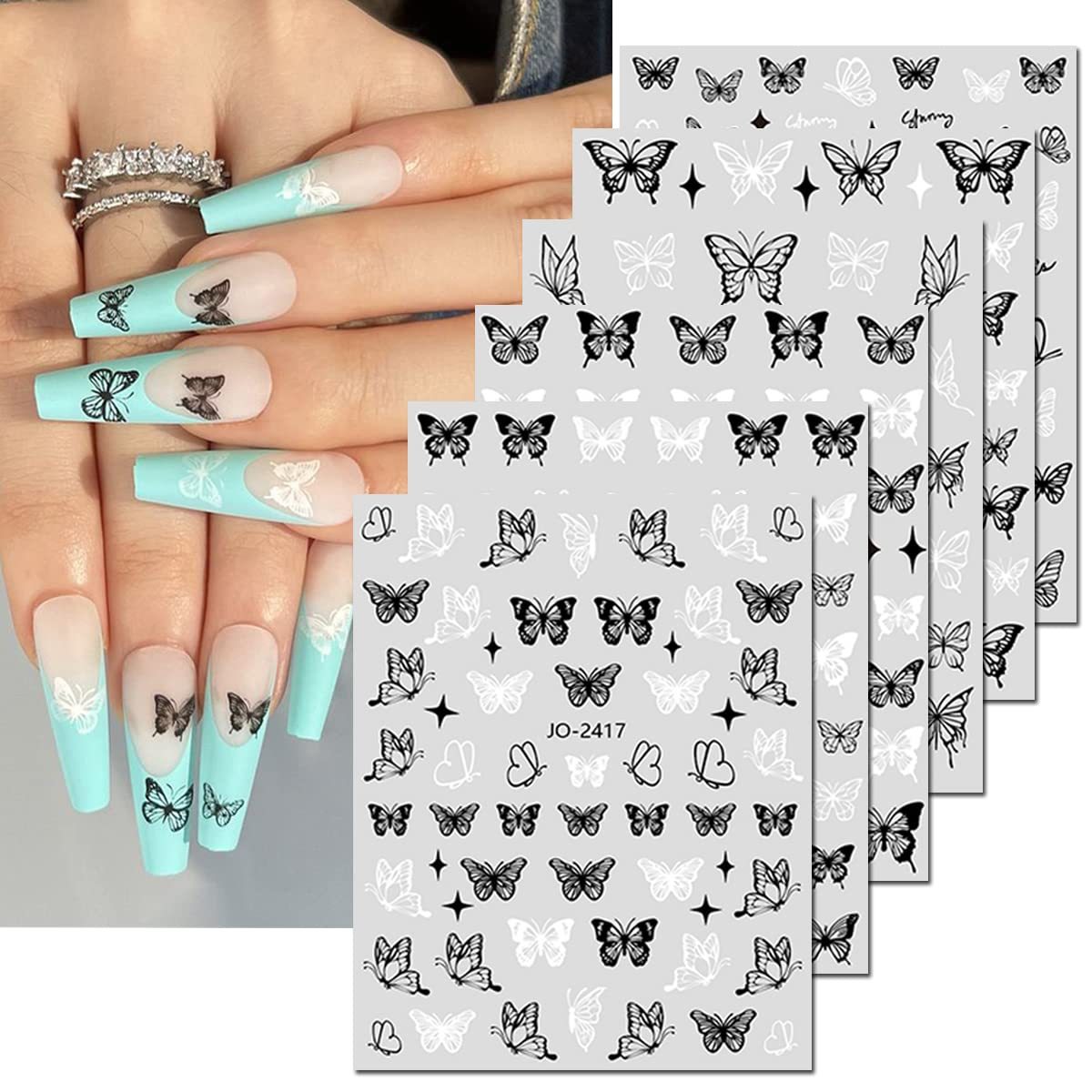 Image of Set Of 6 Sheets Featuring Nail Art Stickers, Including 3d Self-adhesive Decals In Black And White, Perfect For Nail Art Supplies. Ideal For Women And Looking To Decorate Their Nails With Designs