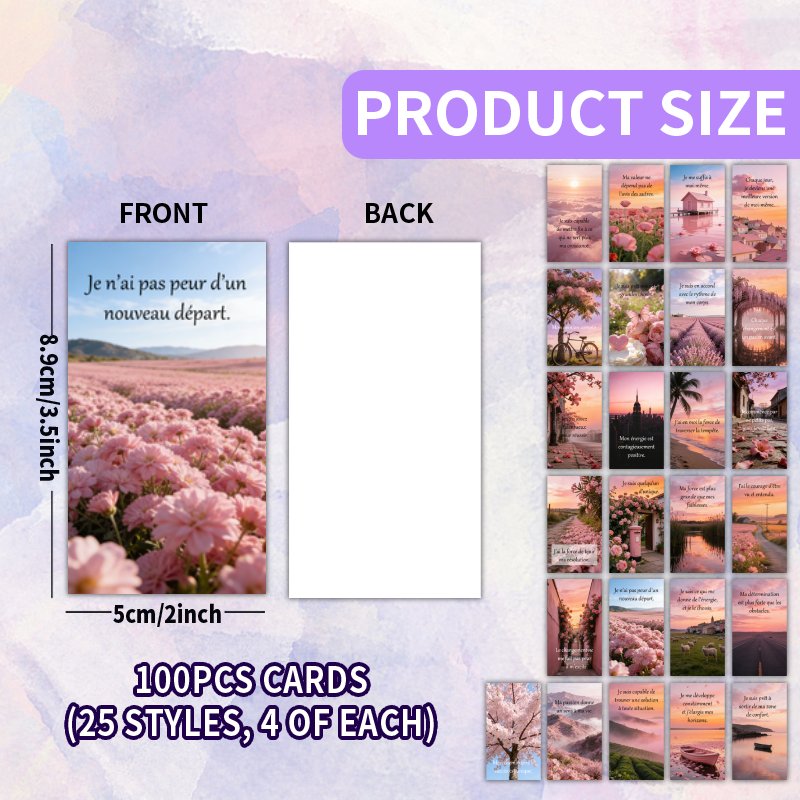 TEMU Lot de 100 cartes - Paysage esthétique rose français - Cartes d'affirmations inspirantes illustrées, 25 uniques, adaptées à la , au - personnel