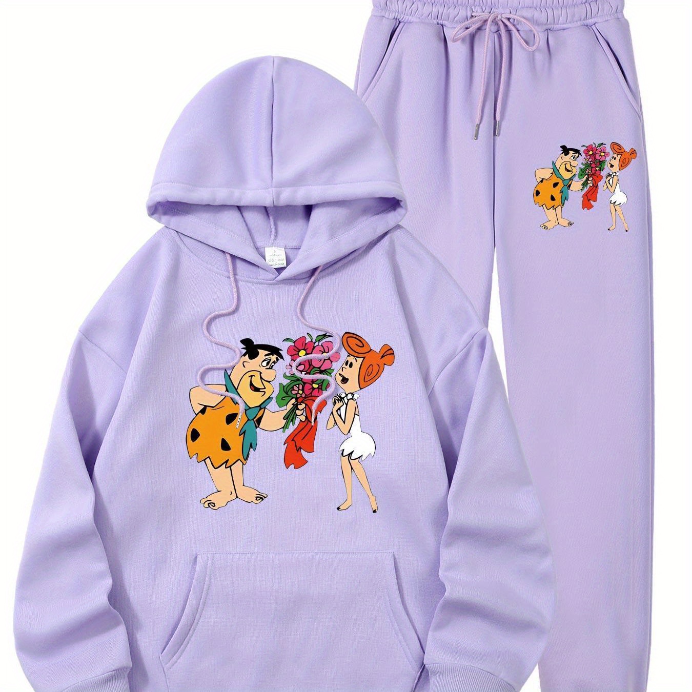 

2pcs Women's Printed Warm Set, Long Sleeve Hoodie With Kangaroo Pocket And Sweatpants, Polyester Knit Fabric, Crew Neck, All