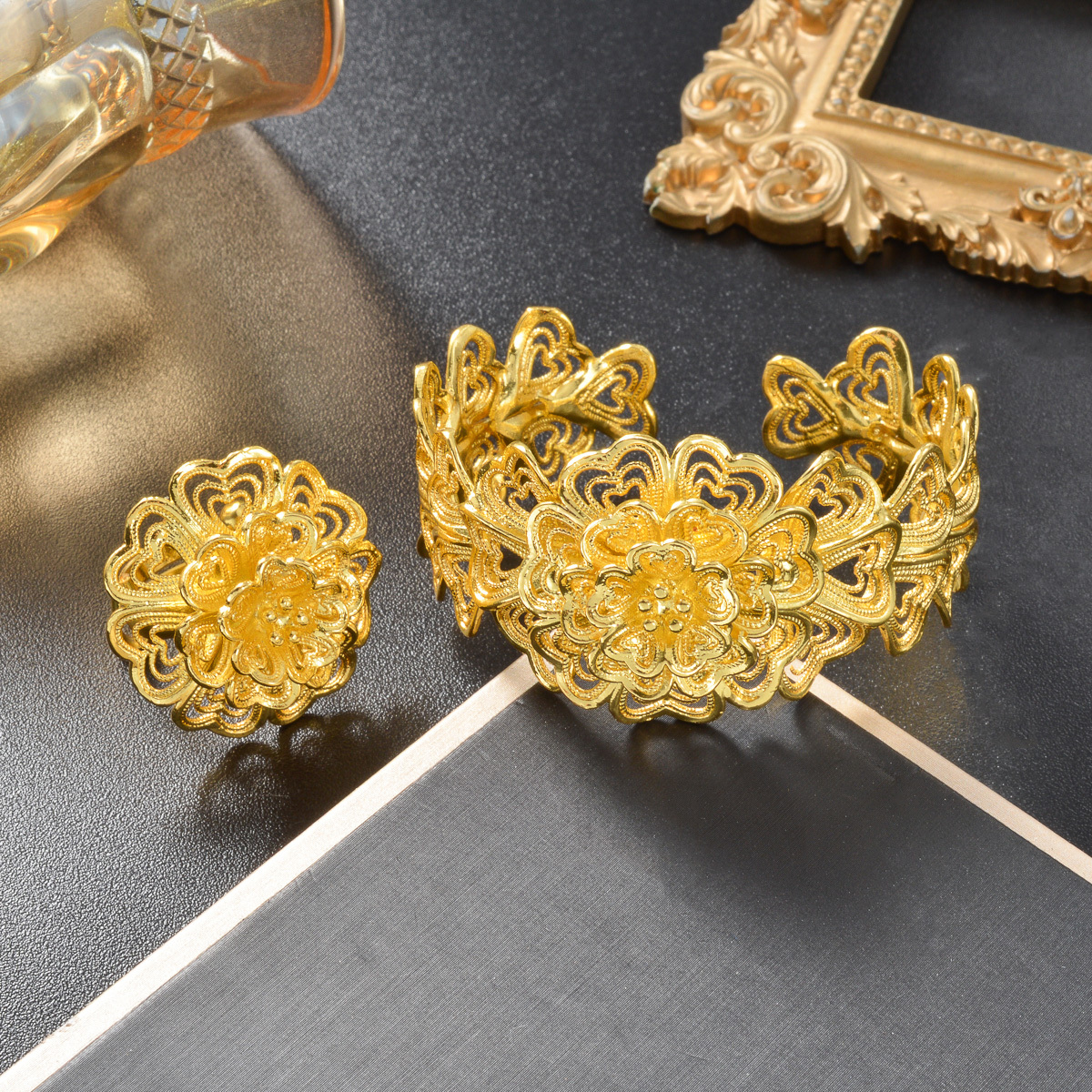 Middle Eastern Vintage Floral Patchwork Bangle & Ring Set