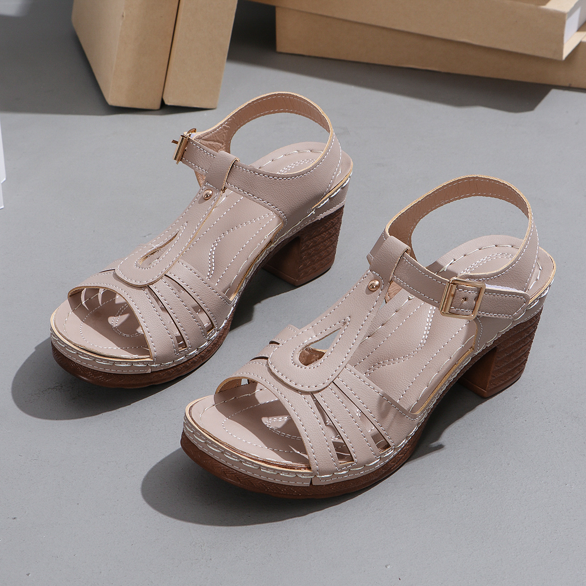 Women'S Beige Open-Toe High Heel Sandals with Adjustable Hook-and-Loop Strap - Comfortable Synthetic Cover Summer Shoes for Casual or Dressy Outfits, High Heel Sandals